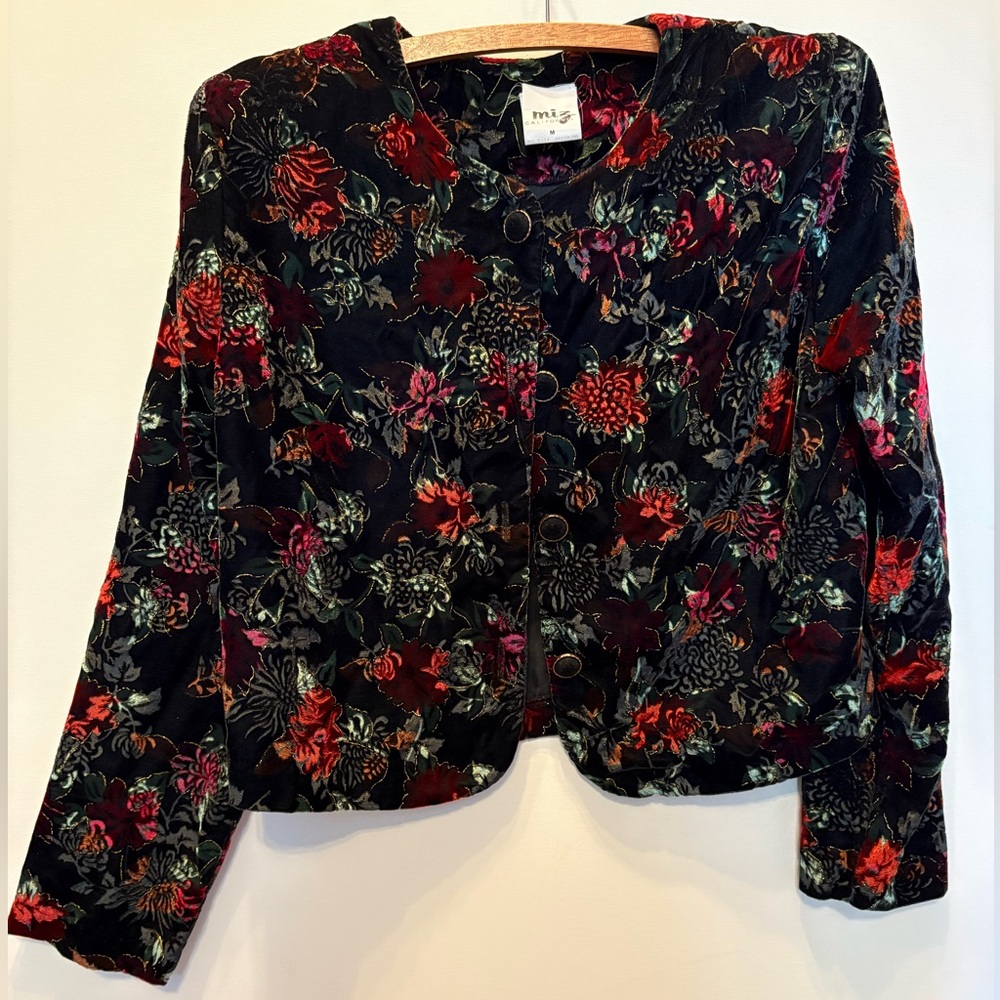 Miz California Vintage Floral Velvet Blazer - Black and Red